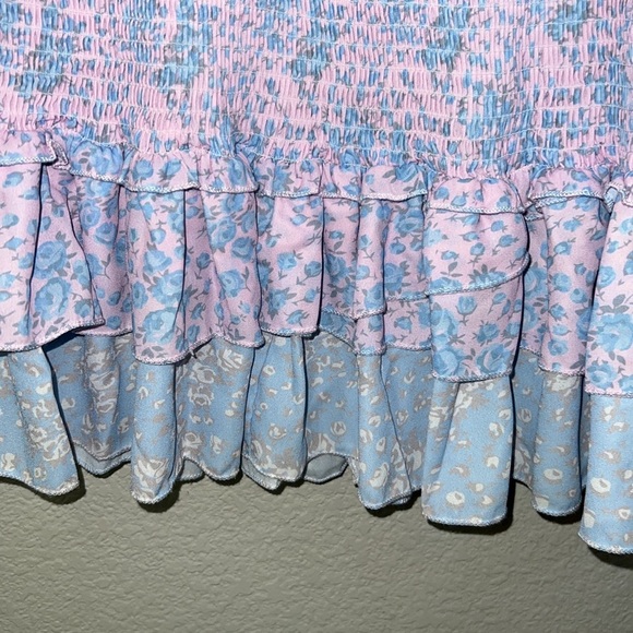 70/21 Floral Tiered Boho Ruffled Hem Mini Dress Size XS In Blue Pink - Picture 13 of 13